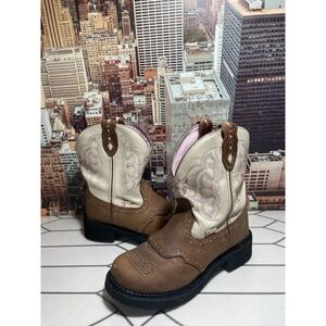 Justin Gypsy Boots 7.5 Short Cowgirl Western Beige Brown Flowered Floral Pink